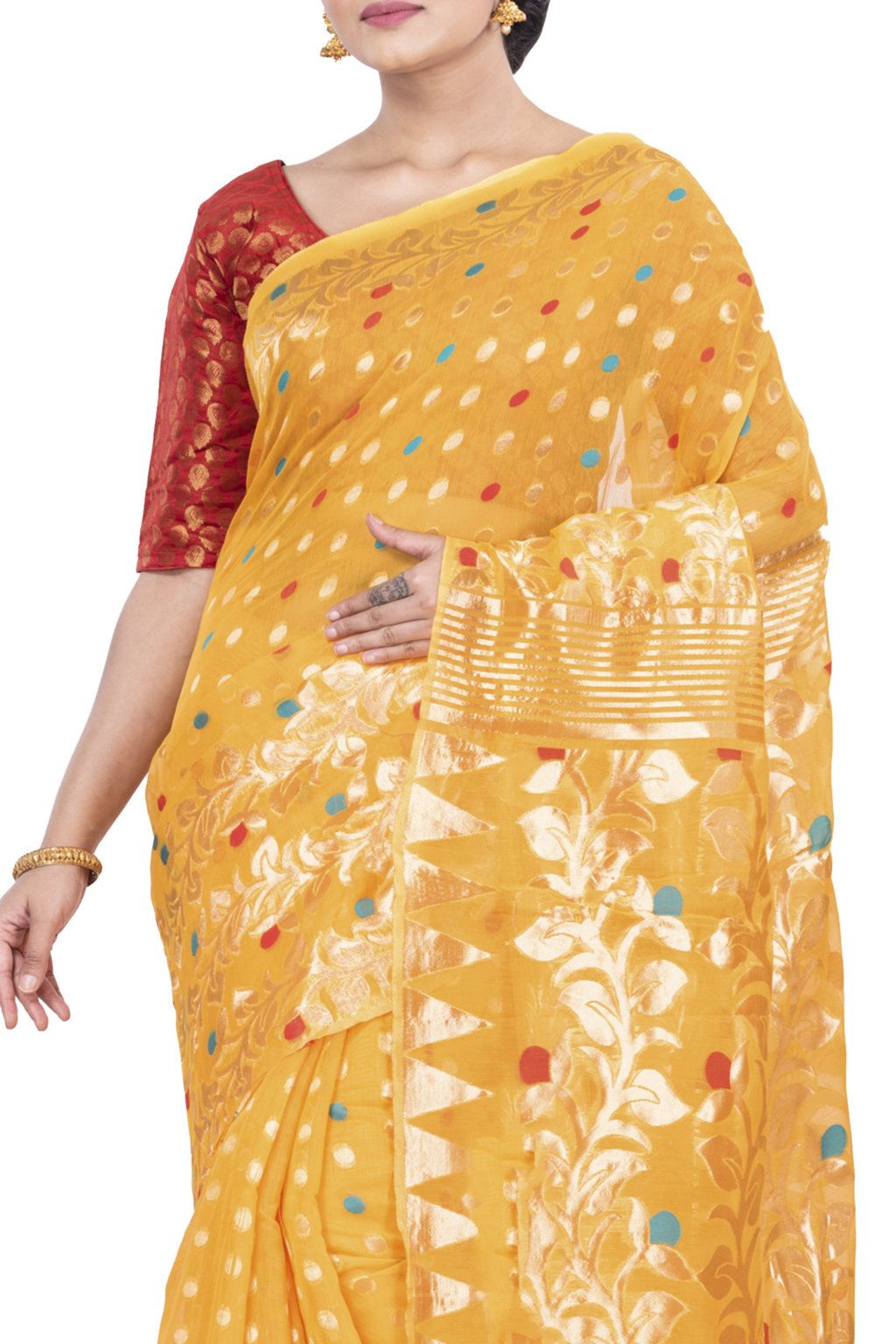 Yellow Pure Cotton Lataguti_Jmdni Jamdani Saree (688)